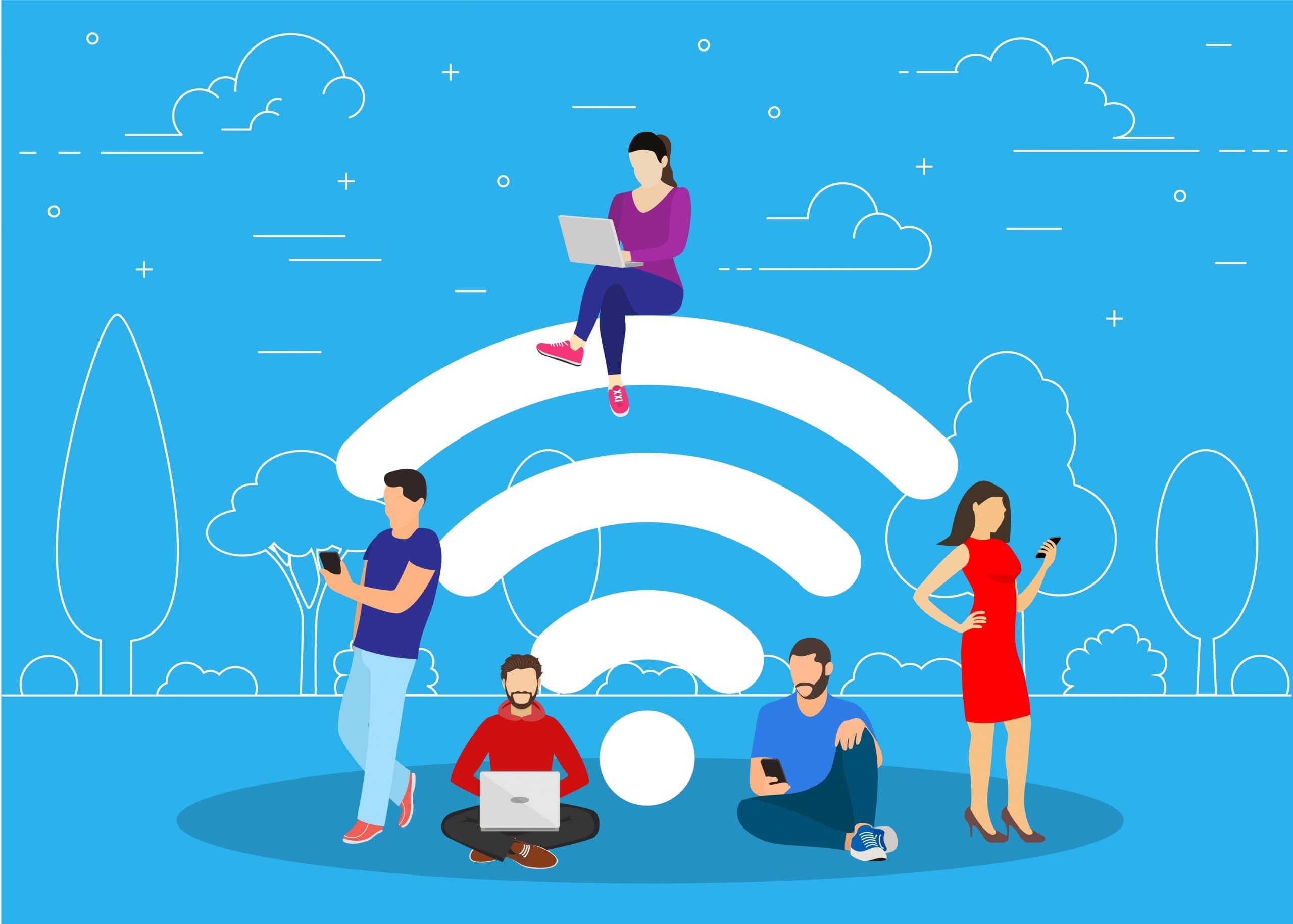 People in free internet zone using mobile gadgets, tablet pc and smartphone. big wifi sign. Free wifi hotspot, wifi bar, public assess zone, portable device concept. Vector illustration in flat style